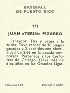 1972 Puerto Rican Winter League Stickers #173 Juan Pizarro Back