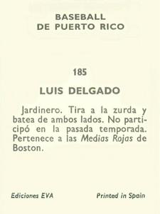 1972 Puerto Rican Winter League Stickers #185 Luis Delgado Back