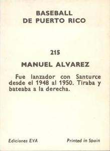 1972 Puerto Rican Winter League Stickers #215 Manuel Alvarez Back