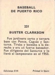 1972 Puerto Rican Winter League Stickers #221 Buster Clarkson Back