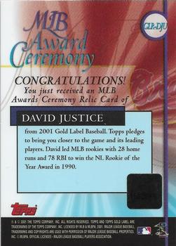 2001 Topps Gold Label - MLB Award Ceremony Relics #GLR-DJ David Justice Back