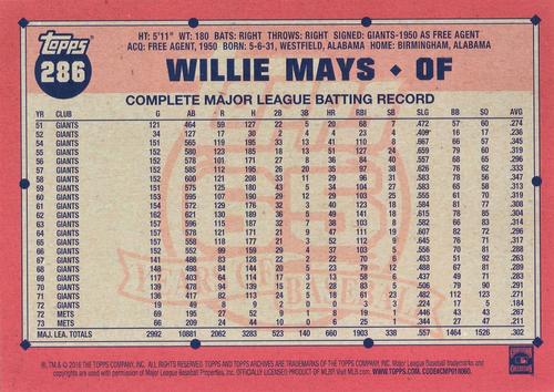 2016 Topps Archives 5x7 #286 Willie Mays Back