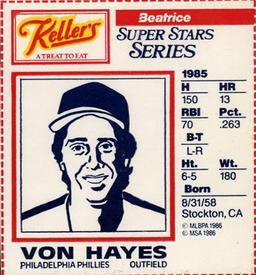 1986 Keller's Super Stars Series #NNO Von Hayes Front