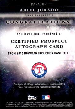 2016 Bowman Inception - Prospect Autographs #PA-AJUR Ariel Jurado Back