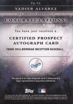 2016 Bowman Inception - Prospect Autographs #PA-YA Yadier Alvarez Back