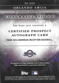 2016 Bowman Inception - Prospect Autographs Green #PA-OAR Orlando Arcia Back