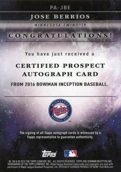 2016 Bowman Inception - Prospect Autographs Purple #PA-JBE Jose Berrios Back