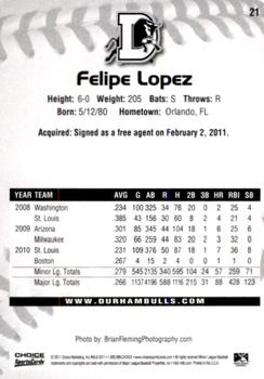 2011 Choice Durham Bulls #21 Felipe Lopez Back