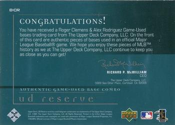 2001 UD Reserve - Ball-Base Duos #B-CR Roger Clemens / Alex Rodriguez  Back