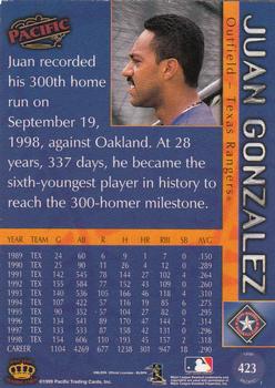 1999 Pacific #423 Juan Gonzalez Back
