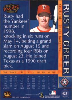 1999 Pacific #425 Rusty Greer Back