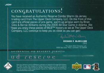 2001 UD Reserve - Game Jersey Duos #JGW Brian Giles / Bernie Williams  Back