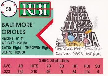 1992 RBI Magazine #58 Cal Ripken, Jr. Back