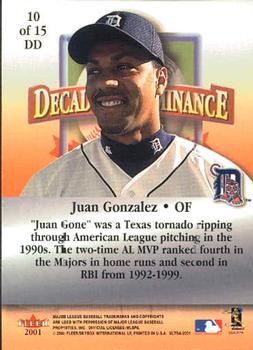 2001 Ultra - Decade of Dominance #10DD Juan Gonzalez  Back