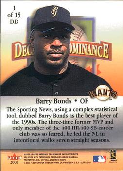 2001 Ultra - Decade of Dominance #1DD Barry Bonds  Back