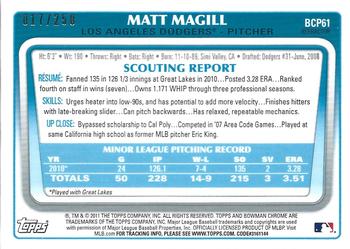2011 Bowman - Chrome Prospects Blue Refractors #BCP61 Matt Magill Back