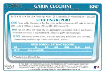 2011 Bowman - Chrome Prospects Blue Refractors #BCP107 Garin Cecchini Back