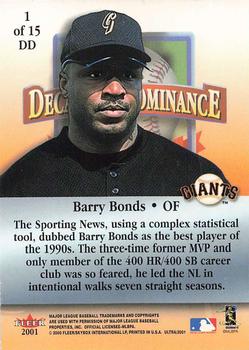 2001 Ultra - Decade of Dominance Platinum #DD1 Barry Bonds  Back