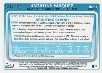 2011 Bowman - Chrome Prospects Refractors #BCP14 Anthony Vasquez Back