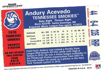 2016 Grandstand Tennessee Smokies #NNO Andury Acevedo Back