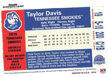 2016 Grandstand Tennessee Smokies #NNO Taylor Davis Back