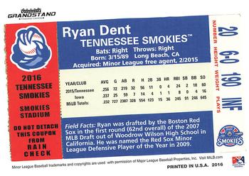 2016 Grandstand Tennessee Smokies #NNO Ryan Dent Back