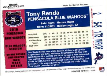 2016 Grandstand Pensacola Blue Wahoos #NNO Tony Renda Back