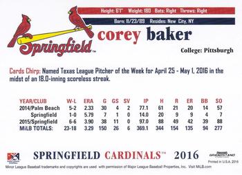 2016 Grandstand Springfield Cardinals #NNO Corey Baker Back