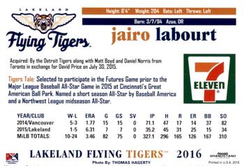 2016 Grandstand Lakeland Flying Tigers #NNO Jairo Labourt Back