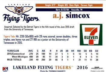 2016 Grandstand Lakeland Flying Tigers #NNO A.J. Simcox Back