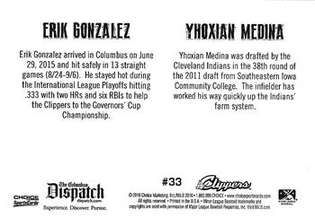 2016 Choice Columbus Clippers Military Appreciation #33 Yhoxian Medina / Erik Gonzalez Back