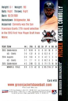 2016 Choice Augusta GreenJackets #06 Michael Connolly Back