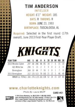 2016 Choice Charlotte Knights #01 Tim Anderson Back