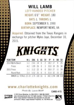 2016 Choice Charlotte Knights #15 Will Lamb Back