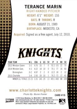 2016 Choice Charlotte Knights #16 Terance Marin Back