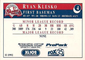 1992 Bleacher Bums Richmond Braves #4 Ryan Klesko Back