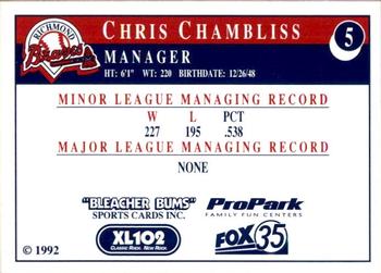 1992 Bleacher Bums Richmond Braves #5 Chris Chambliss Back