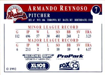 1992 Bleacher Bums Richmond Braves #7 Armando Reynoso Back
