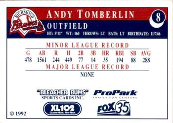 1992 Bleacher Bums Richmond Braves #8 Andy Tomberlin Back