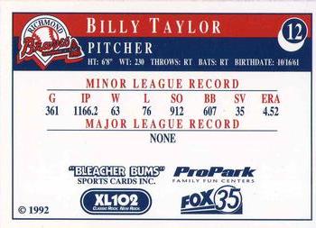1992 Bleacher Bums Richmond Braves #12 Billy Taylor Back