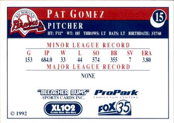 1992 Bleacher Bums Richmond Braves #15 Pat Gomez Back