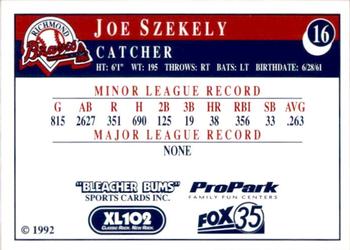 1992 Bleacher Bums Richmond Braves #16 Joe Szekely Back