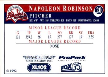 1992 Bleacher Bums Richmond Braves #20 Napoleon Robinson Back
