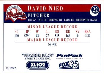 1992 Bleacher Bums Richmond Braves #22 David Nied Back