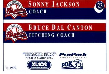 1992 Bleacher Bums Richmond Braves #23 Sonny Jackson / Bruce Dal Canton Back