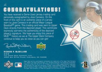 2001 Upper Deck - Signed UD Game Jerseys (Series Two) #JC Jose Canseco  Back