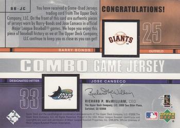2001 Upper Deck - Combo Game Jerseys #BB-JC Barry Bonds / Jose Canseco  Back