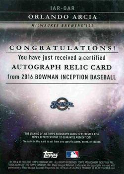 2016 Bowman Inception - Relic Autographs Blue #IAR-OAR Orlando Arcia Back