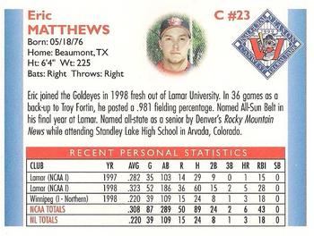 1999 Winnipeg Goldeyes #NNO Eric Matthews Back
