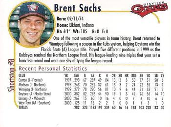 2001 Winnipeg Goldeyes #NNO Brent Sachs Back
